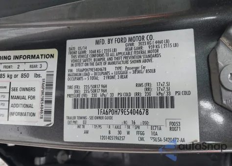 2014 Ford Fusion Se из США, поврежденный, VIN 1FA6P0H79E5404678